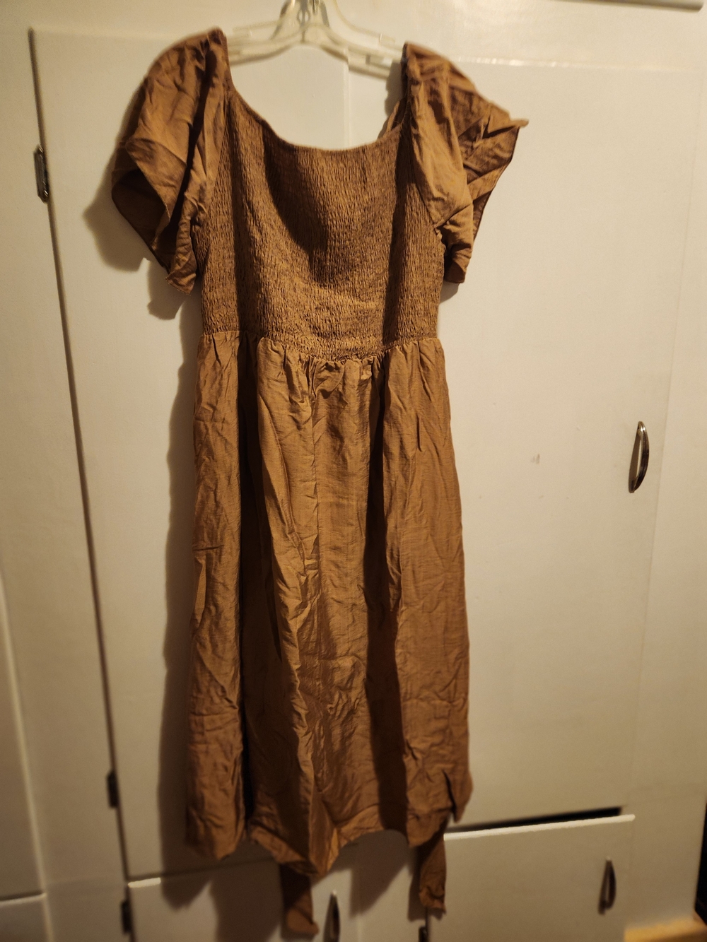 Smocked Midi Dress in Tan